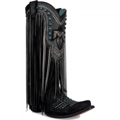 Corral Womens Black Embroidery Crystals Eagle Lamb Fringes Boot