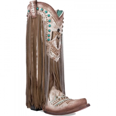 Corral Womens Beige Embroidery Crystals Eagle Lamb Fringes Boot