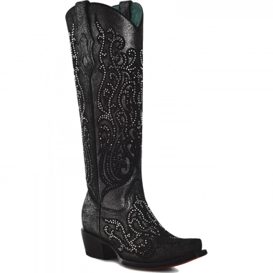 Corral Womens Black Overlay Crystals Tall Top Boot