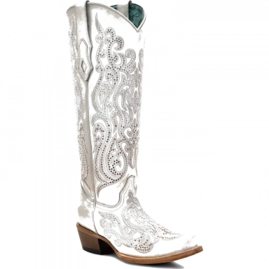 Corral Womens White Overlay Crystals Tall Top Boot