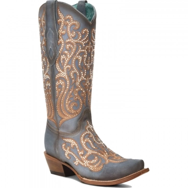 Corral Womens Blue-Honey Overlay Embroidery Crystals Boot