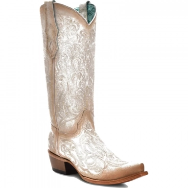 Corral Womens Crackled White-Pink Luminiscent Embroidery Boot