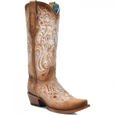 Corral Womens Crackled Straw-Blue Liminiscent Embroidery Boot