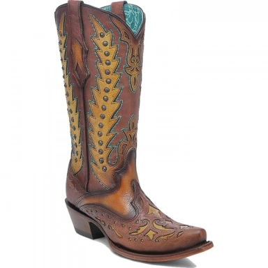 Corral Womens Brown-Turquoise Overlay Embroidery Studs Wing Tip Boot