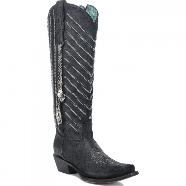 Corral Womens Black Embroidery Shell Hanging Chain Tall Top Boot