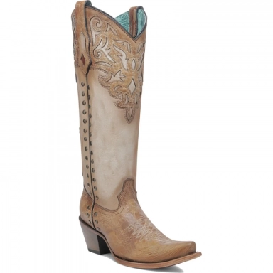 Corral Womens Honey-Bone Overlay Embroidery Studs Tall Top Boot