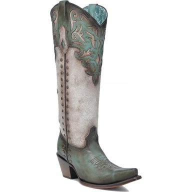 Corral Womens Bone-Turquoise Overlay Embroidery Studs Tall Top Boot