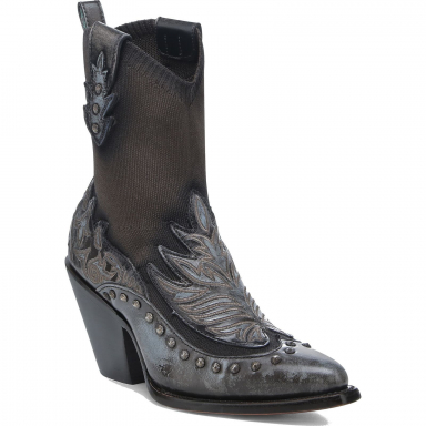 Corral Womens Chocolate-Blue Elastic Overlay Embroidery Studs Boot