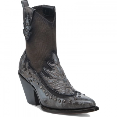 Corral Womens Chocolate-Blue Elastic Overlay Embroidery Studs Boot