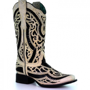 Corral Womens White Black Inlay Embroidery Studs Square Toe Cowgirl Boot E1511