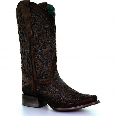 Corral Womens Brown Grey Inlay Embroidery Studs Square Toe Cowgirl Boot E1512