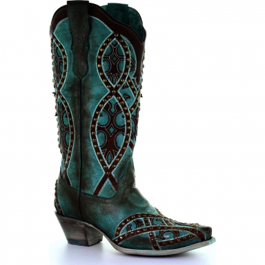 Corral Womens Turquoise Brown Overlay Embroidery Studs Cowgirl Boot E1514