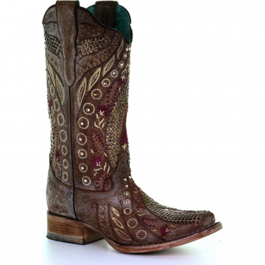Corral Womens Taupe Studs Flowered Embroidery Crystals Square Toe Cowgirl Boot E1520