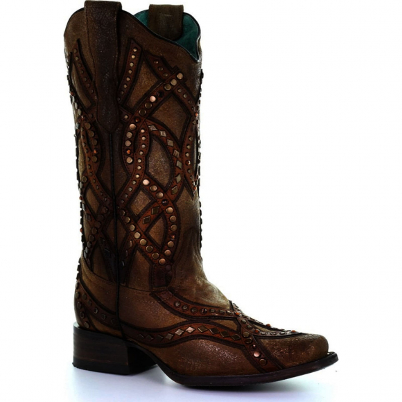 Corral Womens Golden Overlay Studs Crystals Square Toe Cowgirl Boot E1527