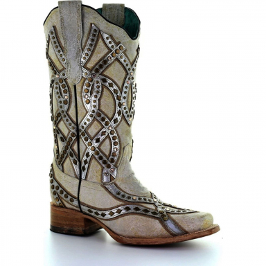 Corral Womens White Overlay Studs Crystals Square Toe Cowgirl Boot E1528