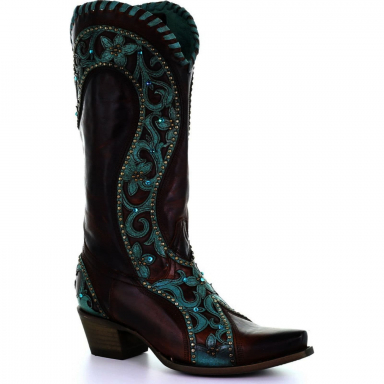 Corral Womens Chocolate Turquoise Overlay Woven Crystals Studs Cowgirl Boot E1538