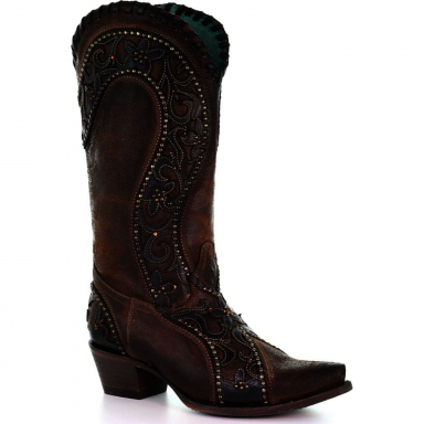 Corral Womens Brown Overlay Woven Crystals Studs Cowgirl Boot E1539