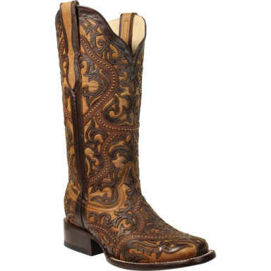 Corral Womens Brown Full Overlay And Studs Square Toe Western Boot G1330