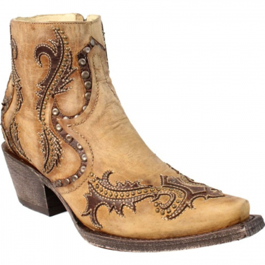 Corral Womens Tan Studs And Overlay Ankle Western Boot G1382