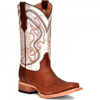 Corral Teens CircleG Brown-Bone Embroidery Square Toe Boot