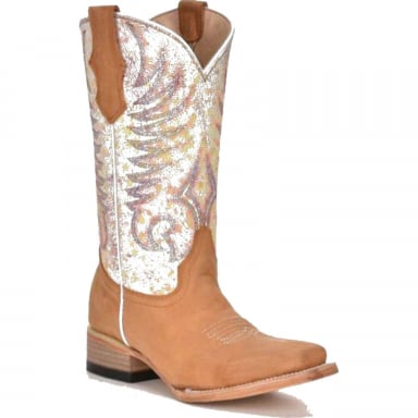 Corral CircleG Teens Tan-White Embroidery Square Toe Boot J7125