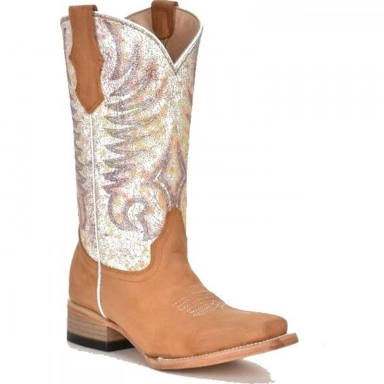 Corral Teens CircleG Tan-White Embroidery Square Toe Boot