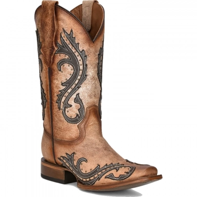 Corral Womens CircleG Brown-Grey Overlay Embroidery Studs Square Toe