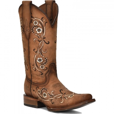 Corral Womens CircleG Sand Floral Embroidery Square Toe Boot