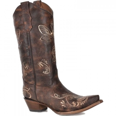 Corral Womens CircleG Distressed Brown-Bone Dragonfly Embroidery Boot