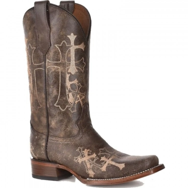 Corral Womens CircleG Brown- Beige Side Cross Embroidery Square Toe