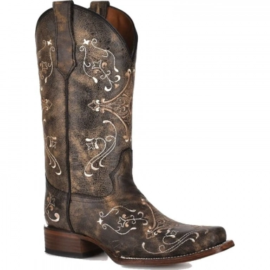 Corral Womens CircleG Brown Crackle- Bone Embroidery Square Toe Boot