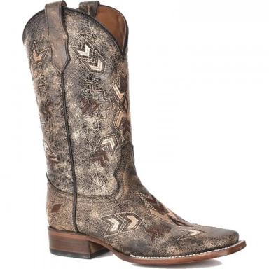 Corral Womens CircleG Black Bone Arrowhead Wide Square Toe Boot