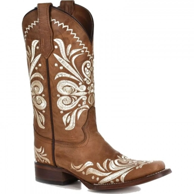 Corral Womens CircleG Tan Embroidery Square Toe Boot