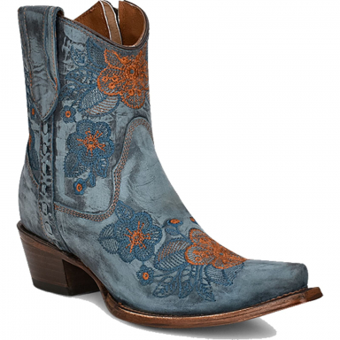Corral CircleG Womens Blue Jean Flowered Embroidery Ankle Boot