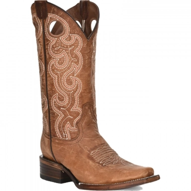 Corral Womens CircleG Cognac Cutout Embroidery Square Toe Boot