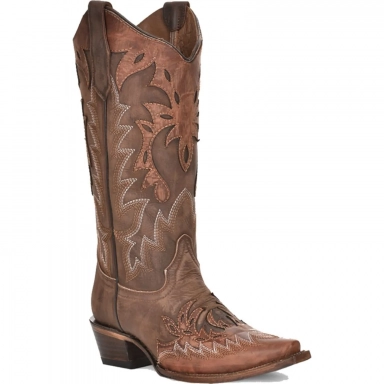 Corral Womens CircleG Chocolate-Cognac Overlay Embroidery Wing Tip