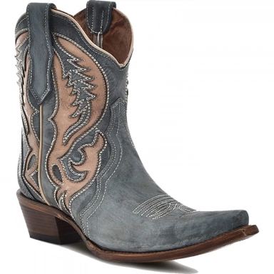 Corral Womens CircleG Distressed Blue Embroidery Inlay Ankle Boot
