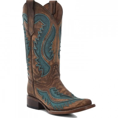 Corral Womens CircleG Brown-Turquoise Embroidery Inlay Square Toe Boot