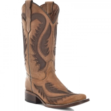 Corral Womens CircleG Tan-Chocolate Embroidery Inlay Square Toe Boot