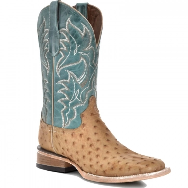 Corral Mens CircleG Sand-Blue Ostrich Embroidery Wide Square Toe Boot