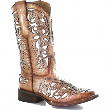 Corral Teens Beige Shiny Inlay Embroidery Square Toe Boot T0104