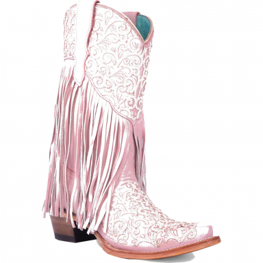 Corral Teens Light Pink With Fringes And Laser Cut Glitter Boot T0155