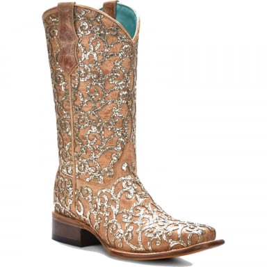 Corral Teens Straw Glitter Inlay Embroidery Square Toe Boot T0179