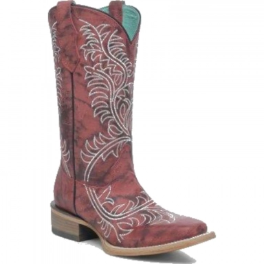 Corral Teens Wine-White Embroidery Square Toe Boot