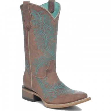 Corral Teens Brown-Turquoise Embroidery Square Toe Boot