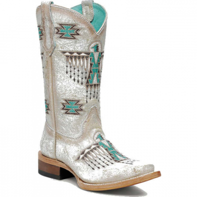 Corral Teens White-Turquoise Embroidery Square Toe Boot T0223