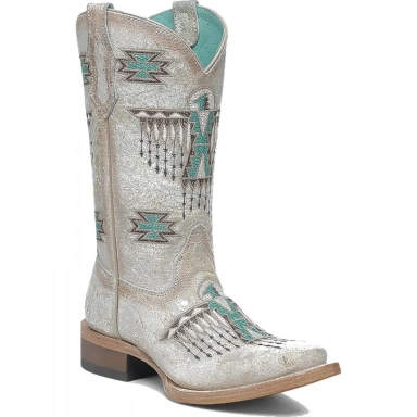 Corral Teens White-Turquoise Embroidery Square Toe Boot
