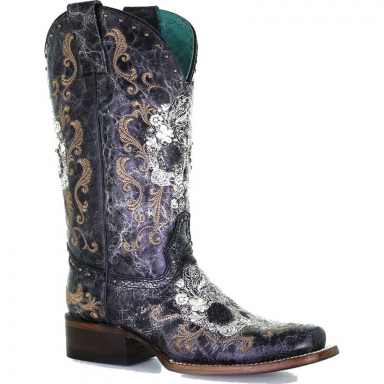 Corral Womens Black-White Floral Skull Embroidery Studs Square Toe Boot