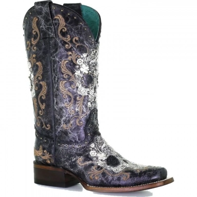 Corral Womens Black-White Floral Skull Embroidery Studs Square Toe