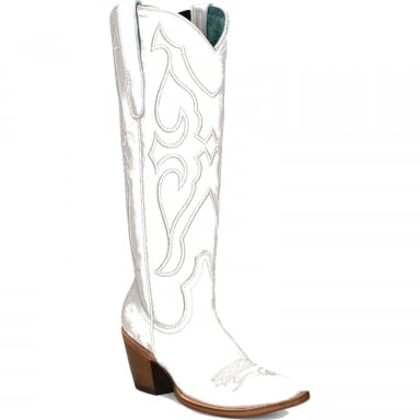 Corral Womens Pure White Matching Stitch Pattern Inlay Pullstraps Snip Toe Boot